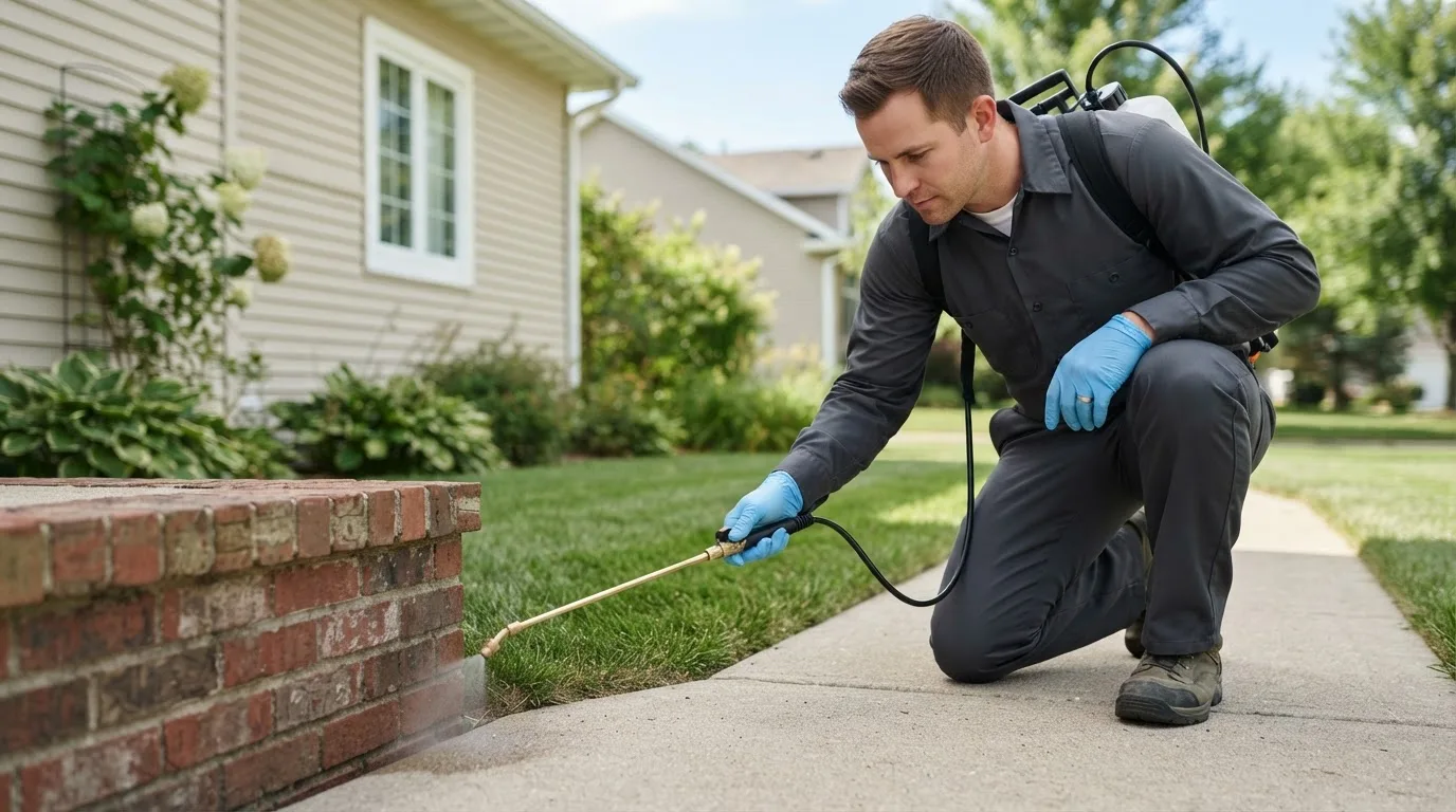 Pest control technician treating a home near Paradise, KS