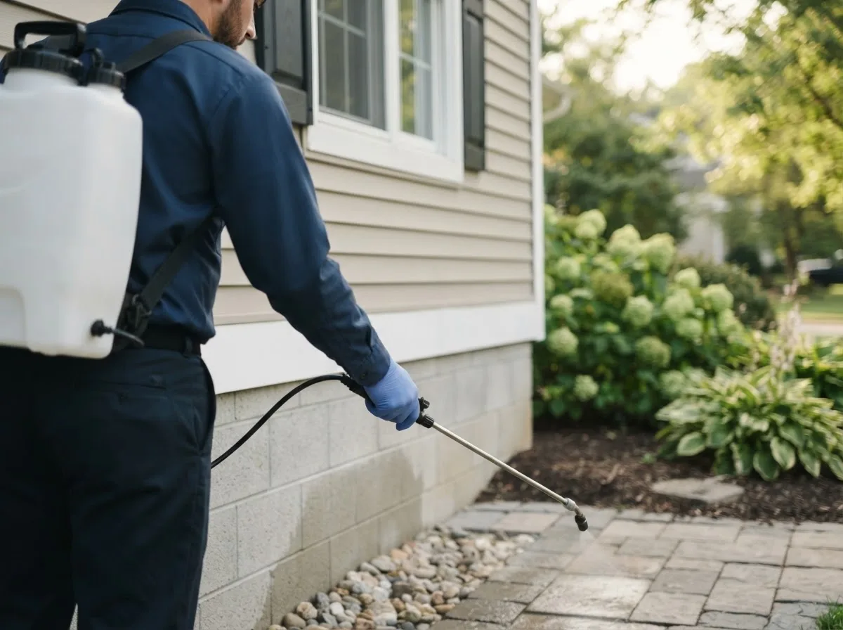 Pest control technician inspecting a home in Paradise, KS